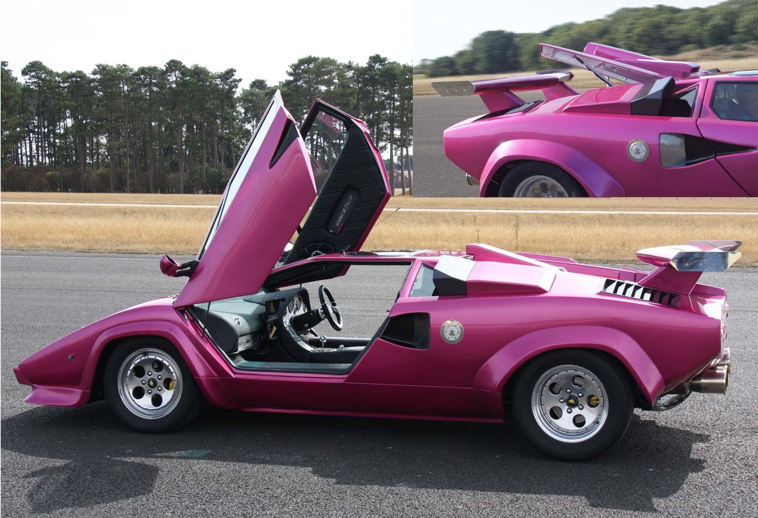 Collage of photos of the Countach Special remote operated doors and engine cover