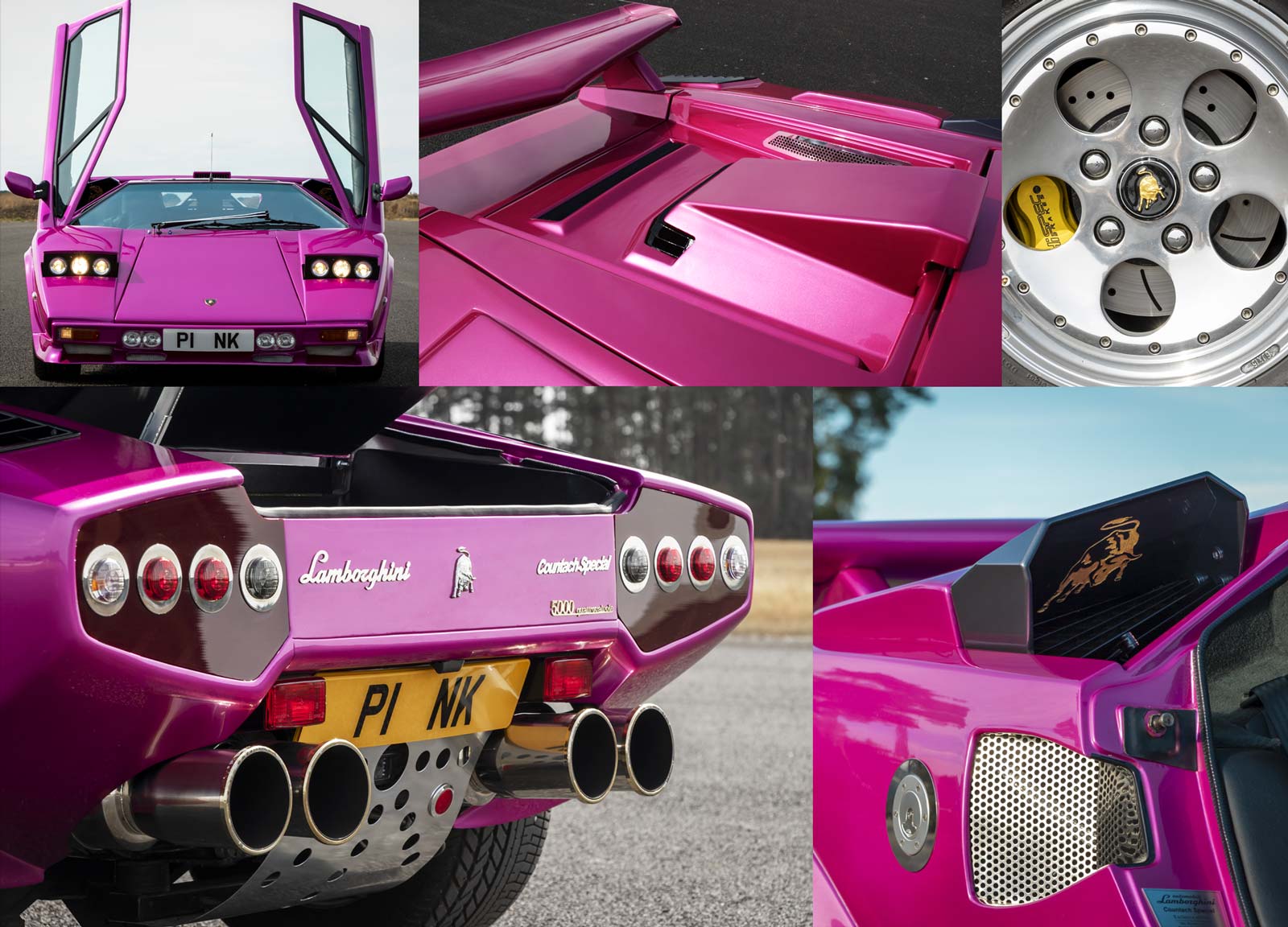 Collage of photos showing the exterior for the Countach Special with numerous customisations