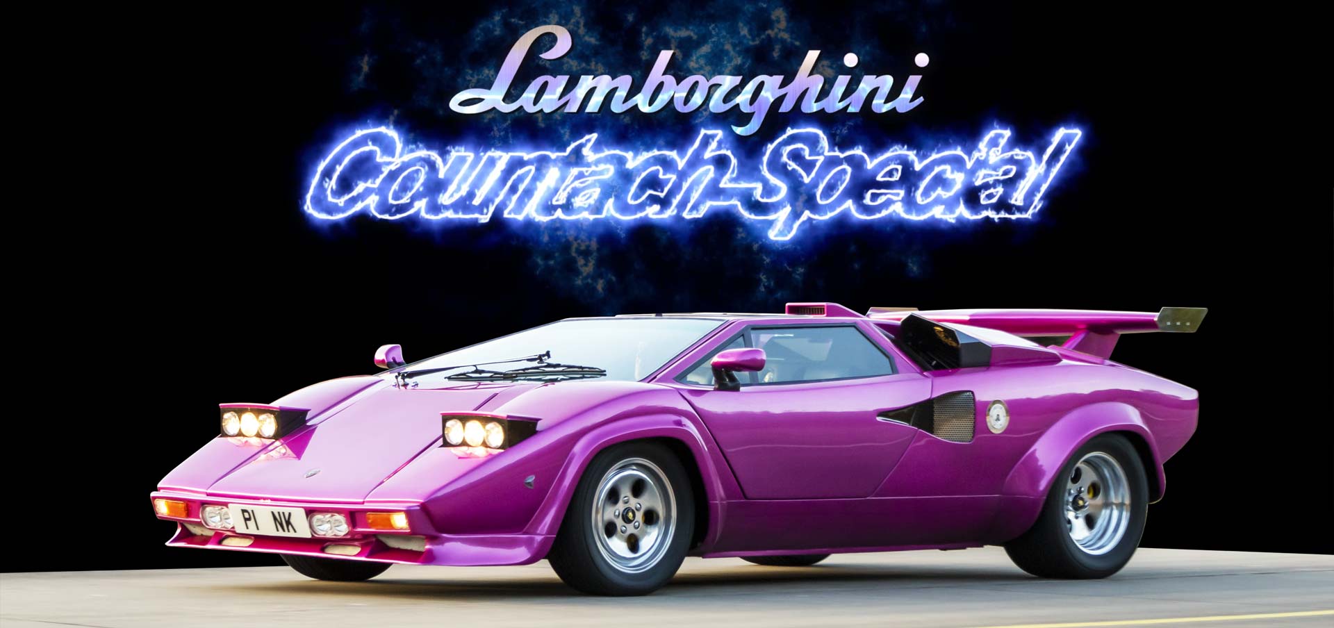 Lamborghini Countach Special heading with P1NK Lambo in side profile below